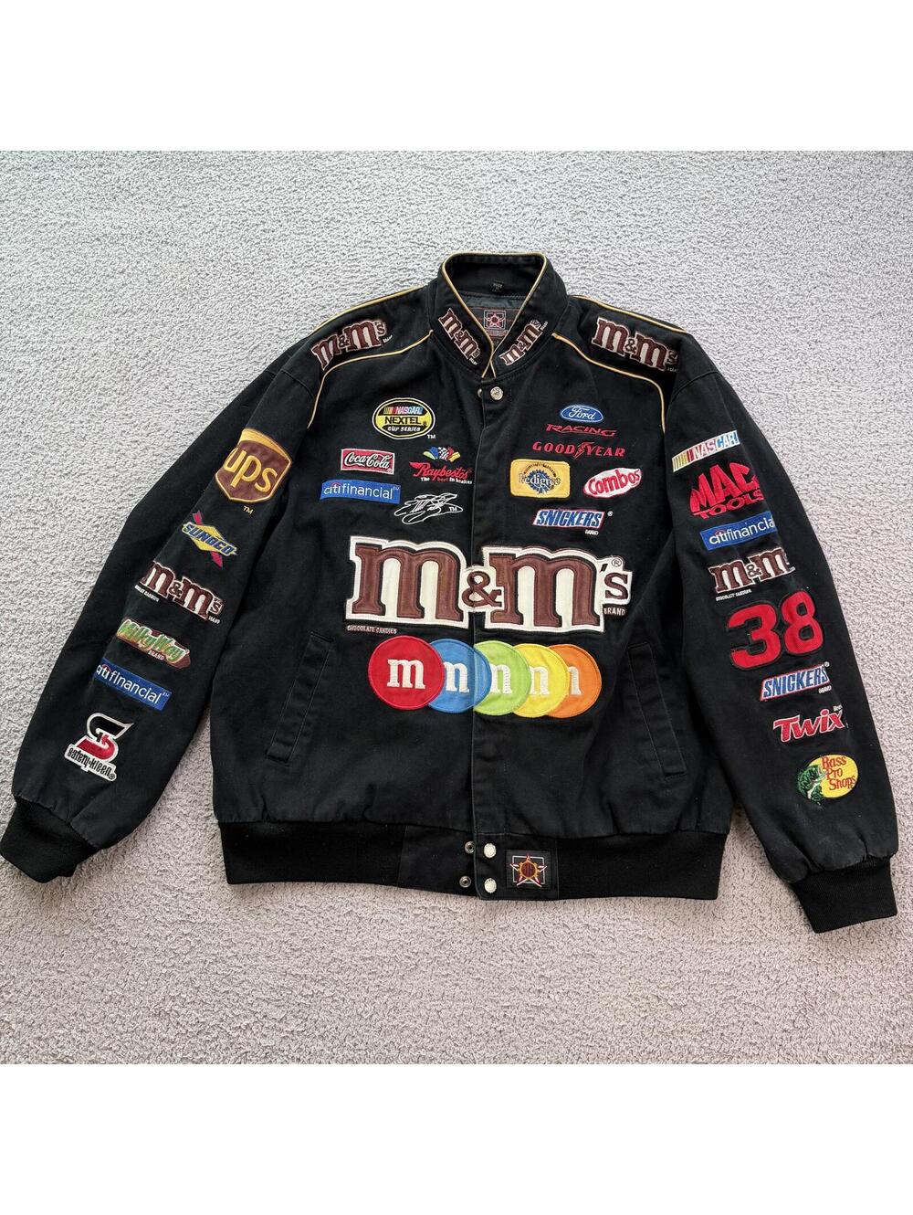Vintage Y2K Elliott Sadler #38 M&M’s NASCAR Racing Jacket Black L JH Design Moto